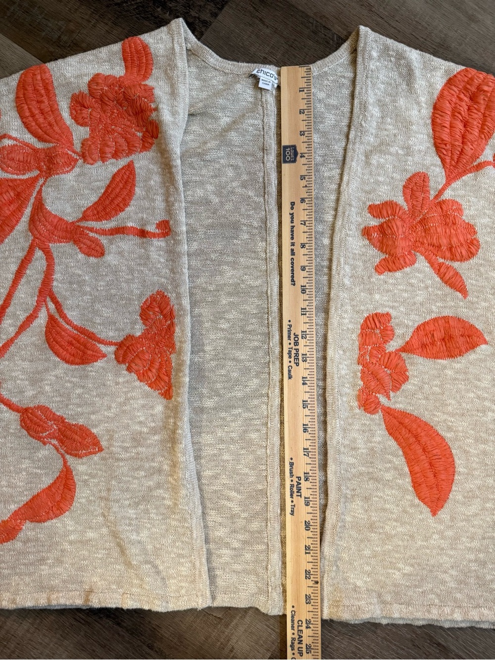 Chico's Beige Ruana Open-Front Cardigan Shrug  Floral Embroidery S/M - Picture 9 of 10
